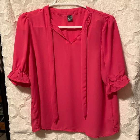 SHEIN | Tops | Watermelon Pink Blouse With Puff Sleeves And Offset Tie ...